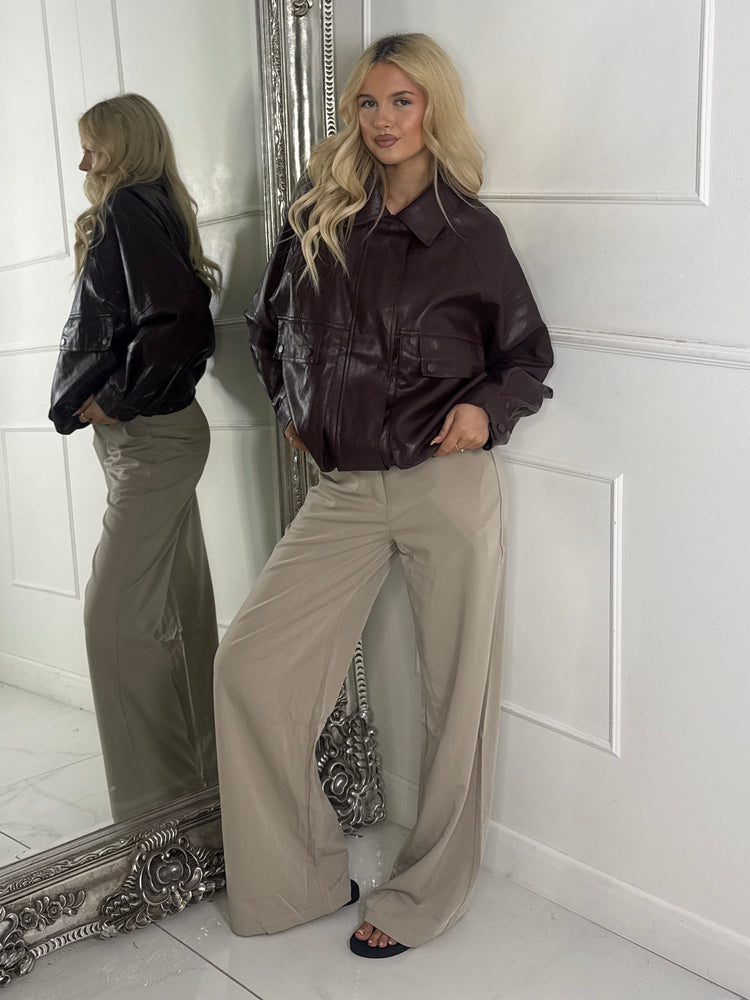 Oversized Leather PU Jacket with Drawstrings - Brown