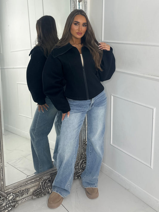 Zip Up Oversized Collar Jacket - Black