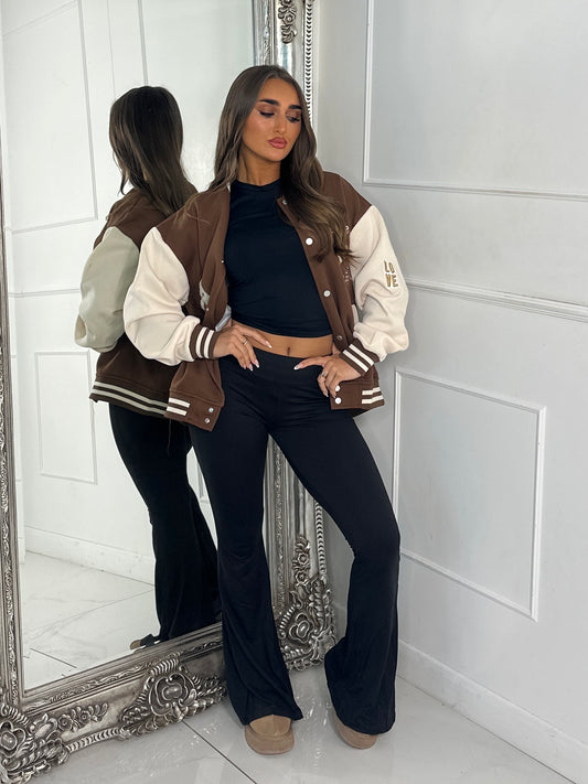 Embroidered Teddy Detail Varsity Jacket - Brown/Cream