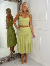 Lace Crochet Strappy Top & Flowy maxi Skirt Co-ord 
- Sage Green