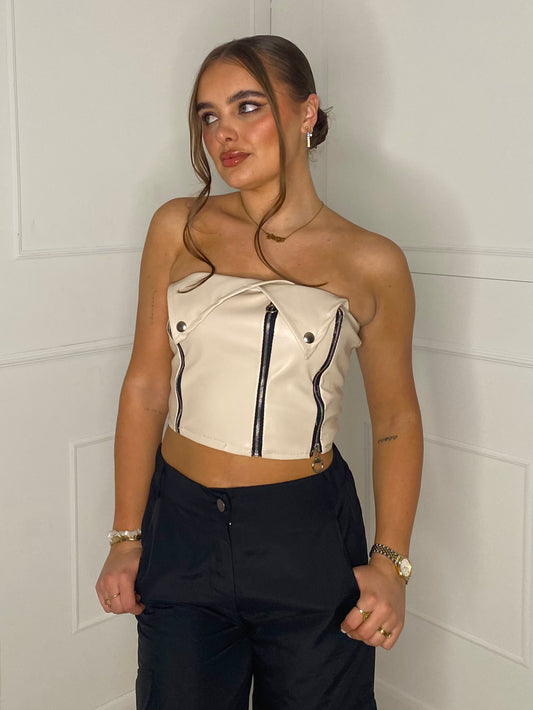 Leather Zip Up Top - Cream