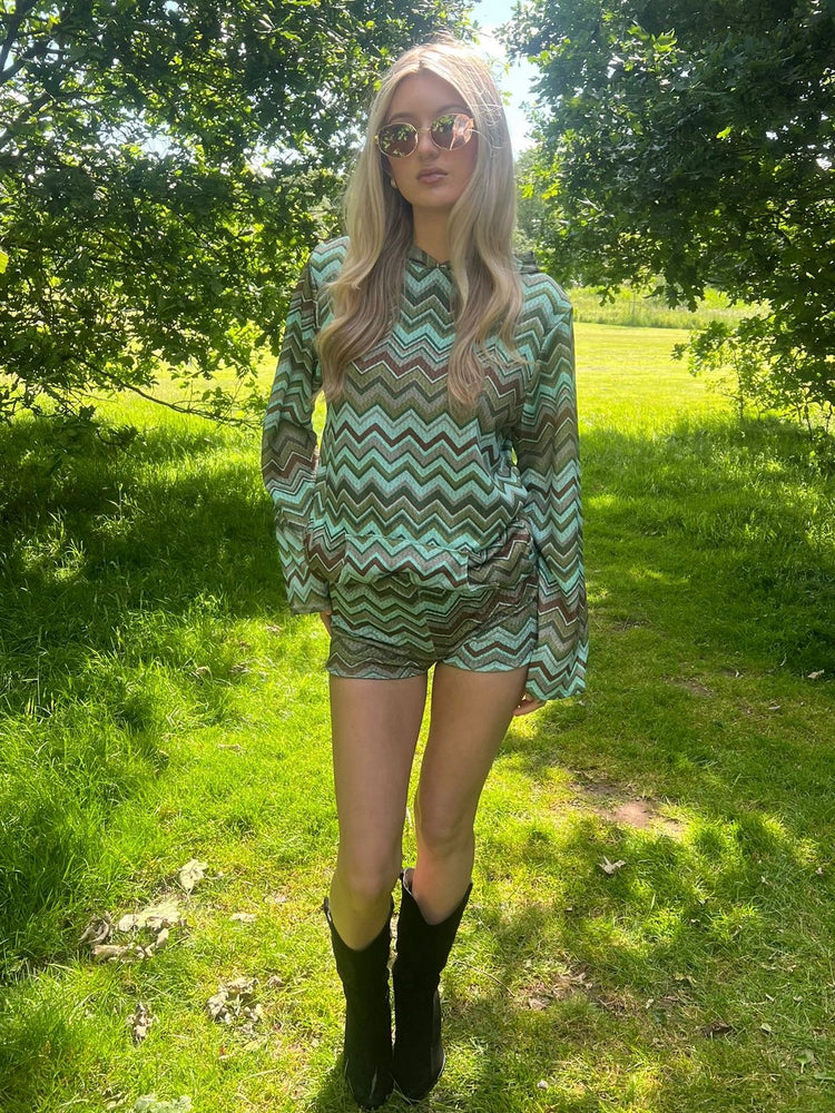 Crochet Print Hoodie & Low Waisted Shorts Co-ord - Green Crochet