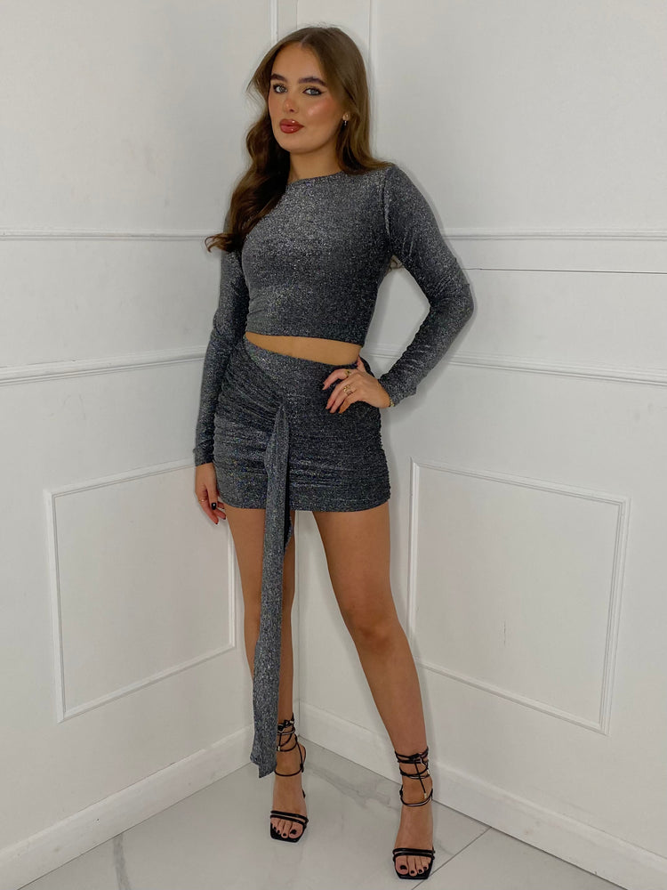 Glitter Drape Skirt Co-Ord - Silver