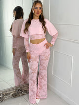 Round Neck Lace Underlayer Long Sleeved Cropped Top & Built In Pink Knicker Underlayer Lace Flares Co-Ord - Baby Pink