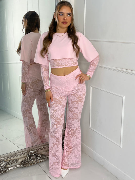 Round neck Lace Sleeves Crop Tee & Built In Baby Pink Knicker Underlayer Lace Flares Co-Ord - Baby Pink