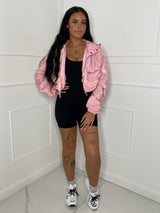 Ruched Sleeve Double Pocket Detail Windbreaker Jacket - Baby Pink