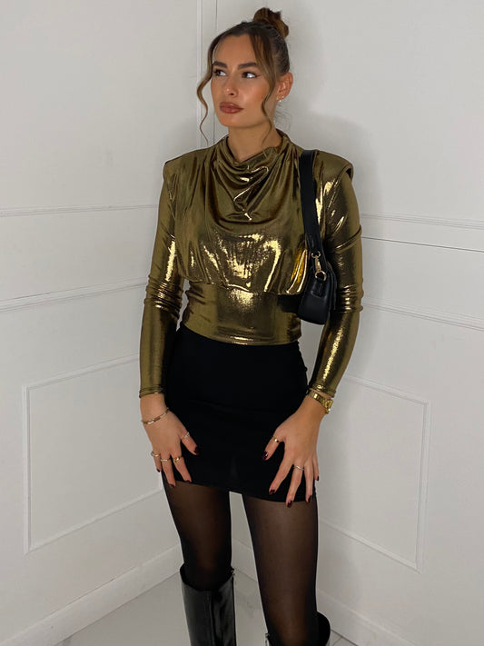 Metallic Padded Shoulder Top - Gold