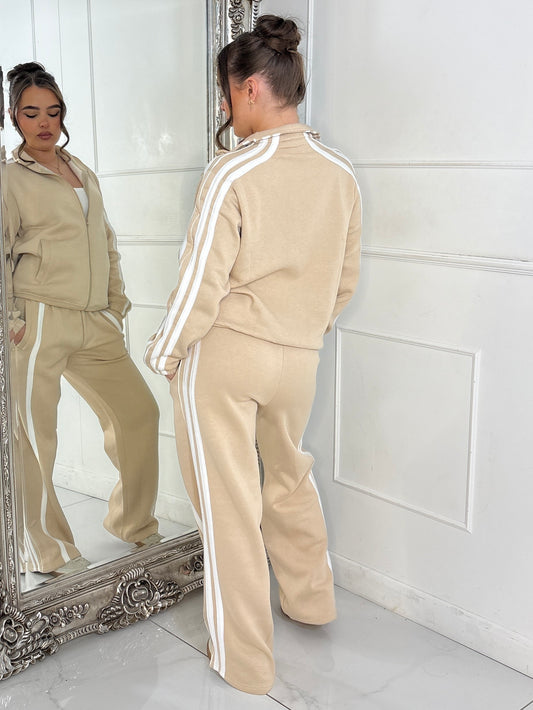 Side Stripe Collared Zip Up Jacket & Joggers Tracksuit - Beige