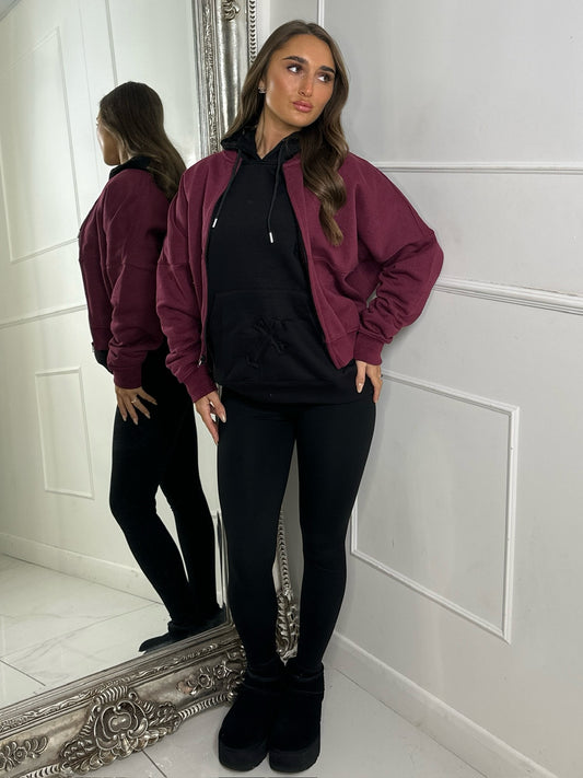 Oversized Seam Detail Zip Up Bomber Jacket - Wine