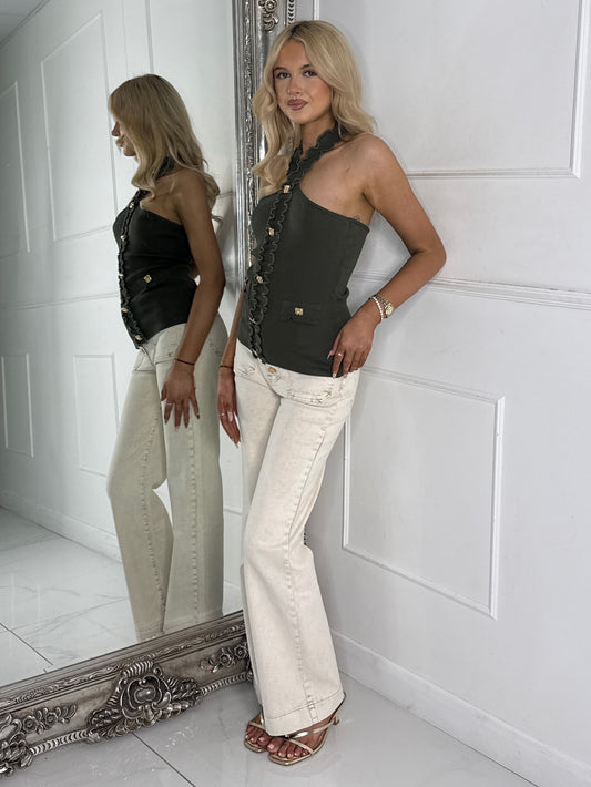 Halter Neck Gold Button Detail Top - Khaki Green