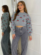 Cherry Cropped Knitted Jumper - Grey