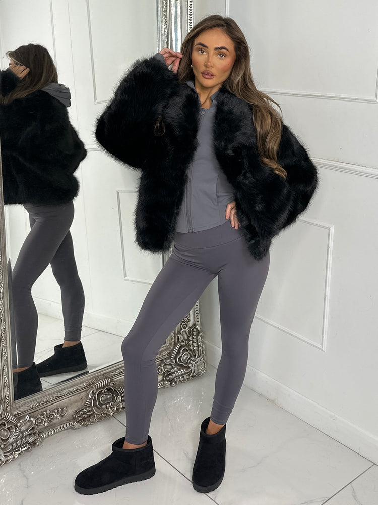 Oversized Collar Faux Fur Coat - Black