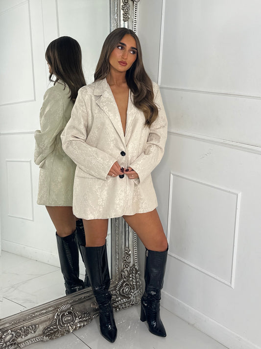 Lace Diamante Detail Oversized Blazer Dress - Cream