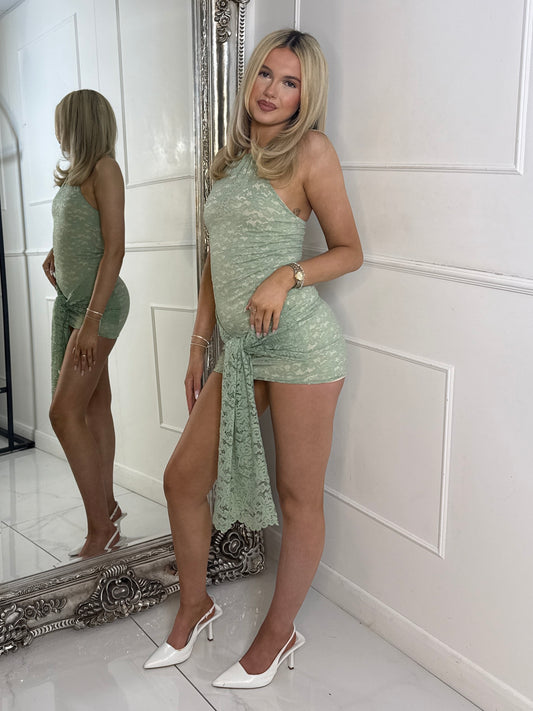 Lace Mini Dress With Sash Front Detail - Sage/Beige Mesh Underlayer