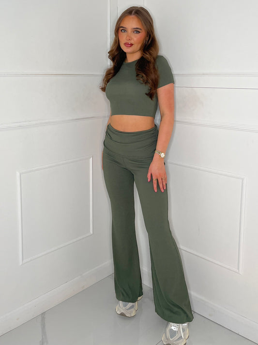 Ribbed Crop Top & Fold Over Flares Loungesuit - Khaki Green