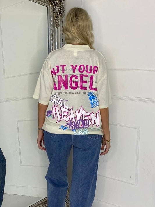 Ribbed Collar Oversized T-Shirt - Cream Not Your Angel Print