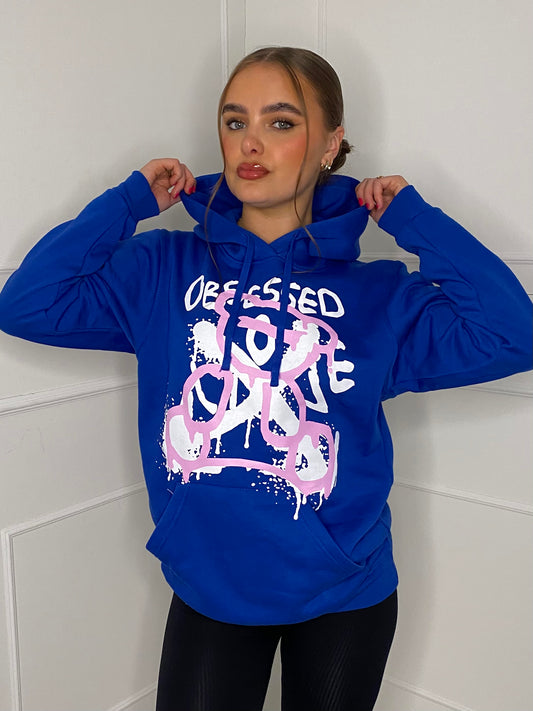 Obsessed Teddy Print Hoodie - Royal Blue