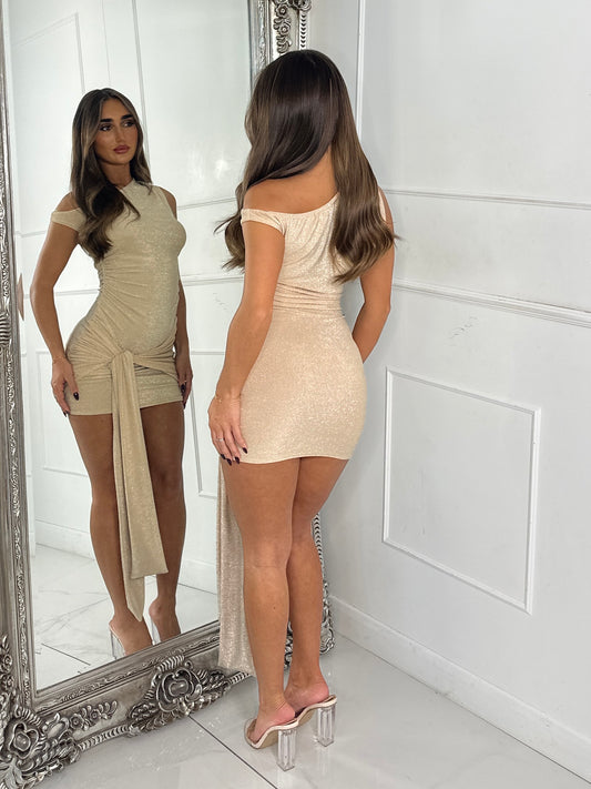 Off Shoulder Ruched Side Tie Drape Glitter Dress - Beige