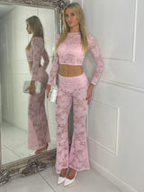 Lace Fitted Long Sleeve Top & Built In Knicker Lace Flares Co-Ord -  Baby Pink