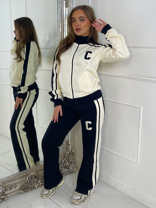 Colour Block Contrast “C” Embroidery Tracksuit - Black/Cream