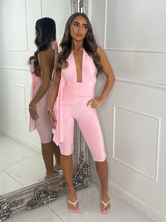 Backless Halter Neck Capri Jumpsuit-Pink