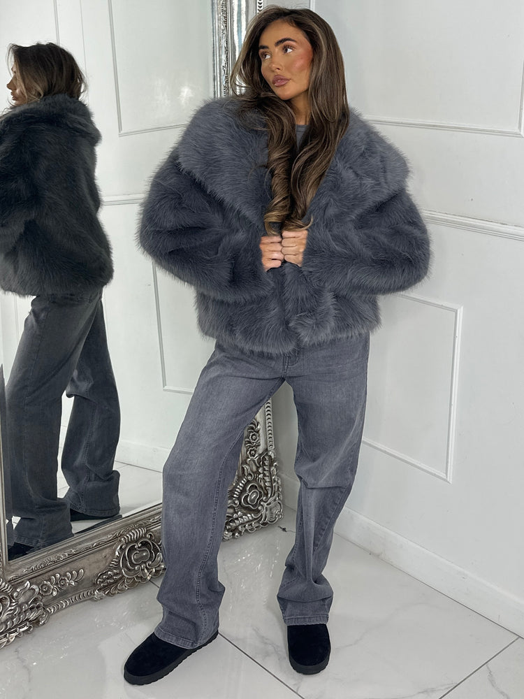 Oversized Collar Faux Fur Coat - Grey
