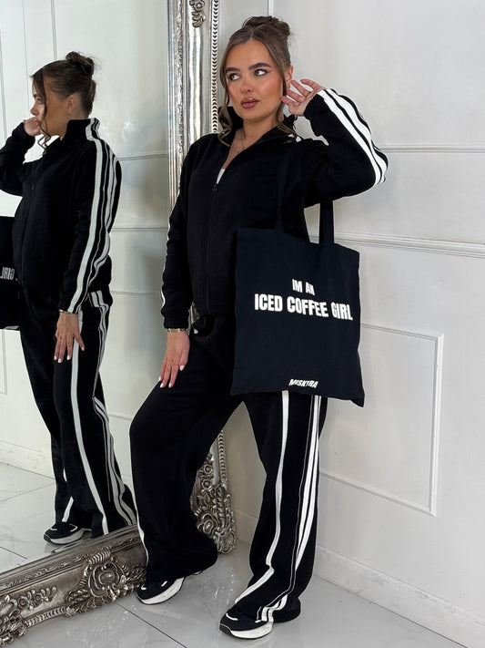 Side Stripe Collared Zip Up Jacket & Joggers Tracksuit - Black