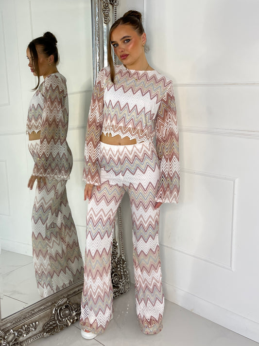 Knitted Crochet Flared Sleeve Top & Flared Pants Co-ord - White/Beige