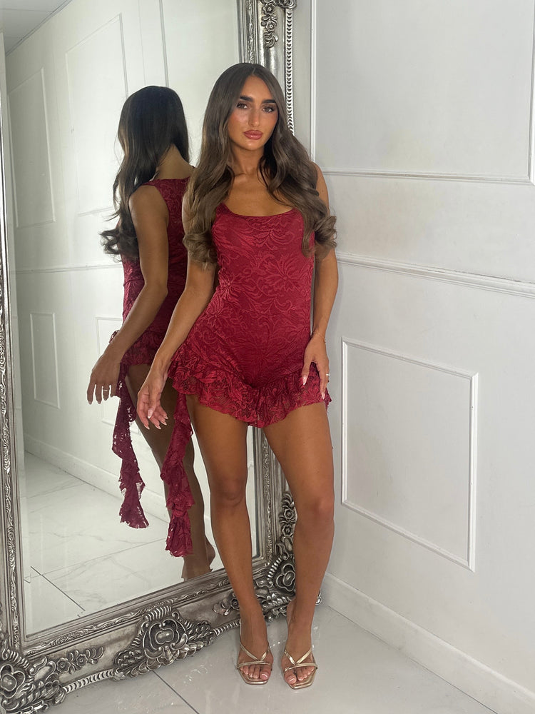Square Neck Lace Ruffle Playsuit-Wine