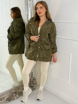 Long Ruched Sleeve Windbreaker Jacket - Khaki