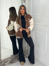 Embroidered Teddy Detail Varsity Jacket - Brown/Cream