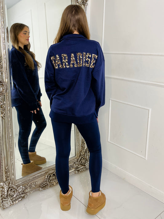 Paradise Leopard Print Half Zip Sweatshirt - Navy