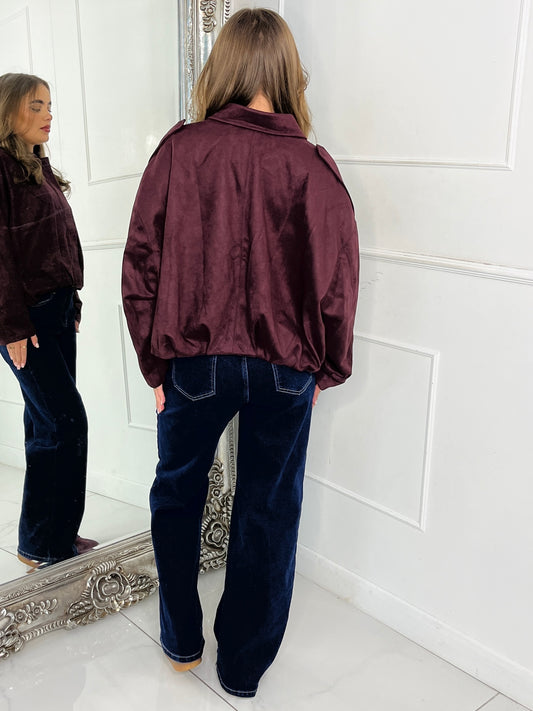 Suede Collared Oversized Bomber Jacket - Wine