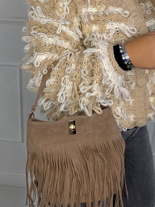 Small Suede Full Tassel Gold Lock Detail Shoulder Bag - Beige