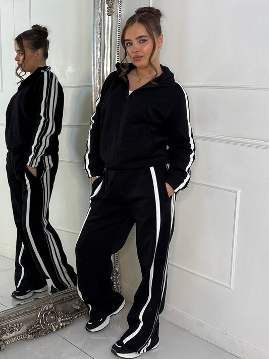 Side Stripe Collared Zip Up Jacket & Joggers Tracksuit - Black