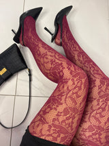 Lace Floral Pattern Tights - Wine