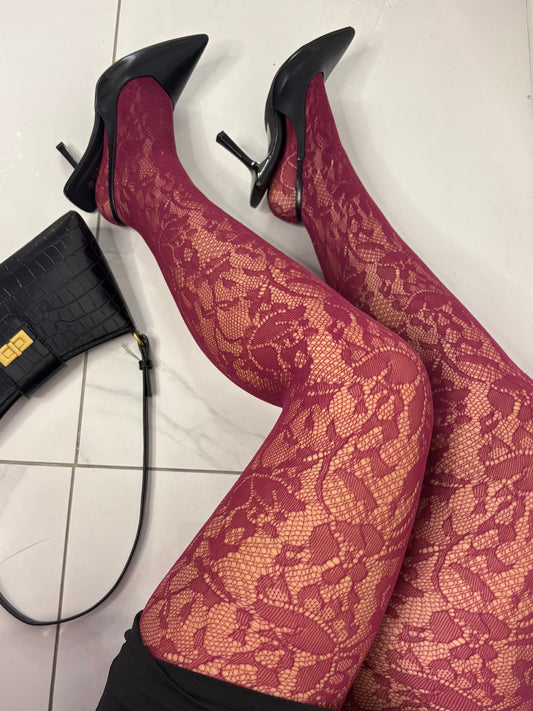 Lace Floral Pattern Tights - Wine