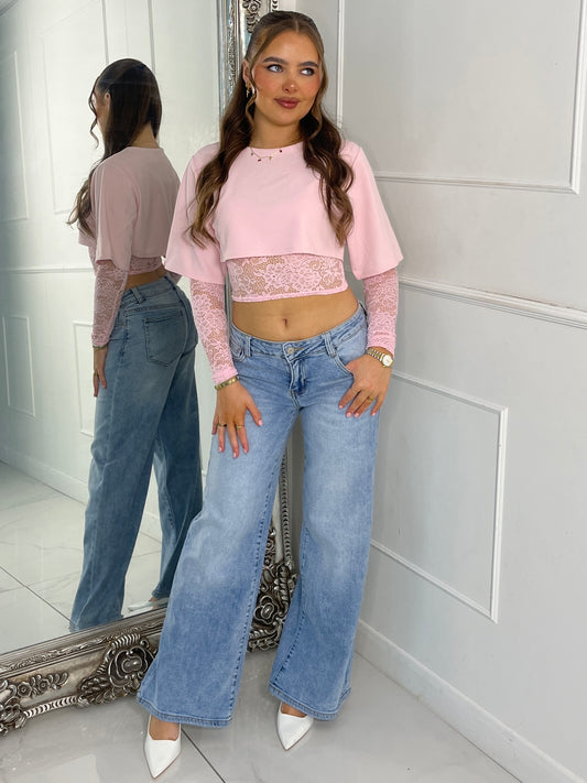 Round Neck Cropped Tee With Lace Bra Underlayer & Lace Sleeves - Baby Pink