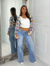 Extreme Cropped Long Sleeve Crochet Cardigan - Beige/Baby Blue Multi