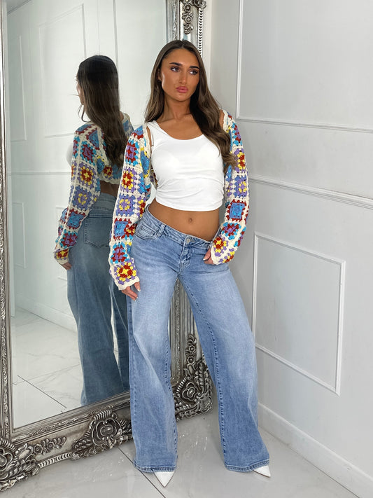 Extreme Cropped Long Sleeve Crochet Cardigan - Beige/Baby Blue Multi