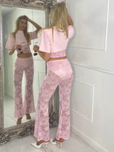 Padded Shoulder Cropped Tee With Lace Bra Underlayer & Built In Knicker Lace Flares Co-Ord - Baby Pink
