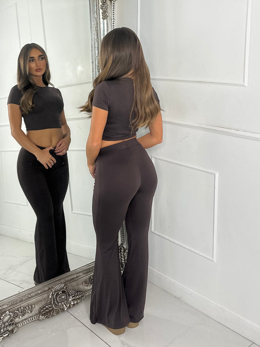 Heart Detail Crop Top & Wide Leg Pants Set - Brown