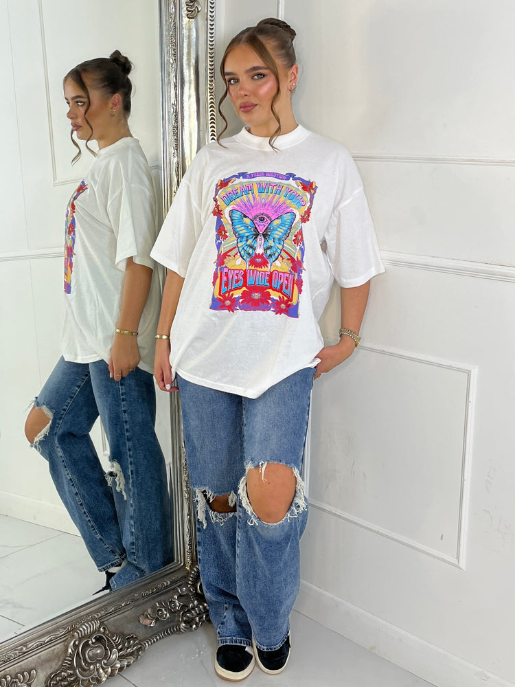 Ribbed Collar Oversized T-Shirt - White Butterfly Print