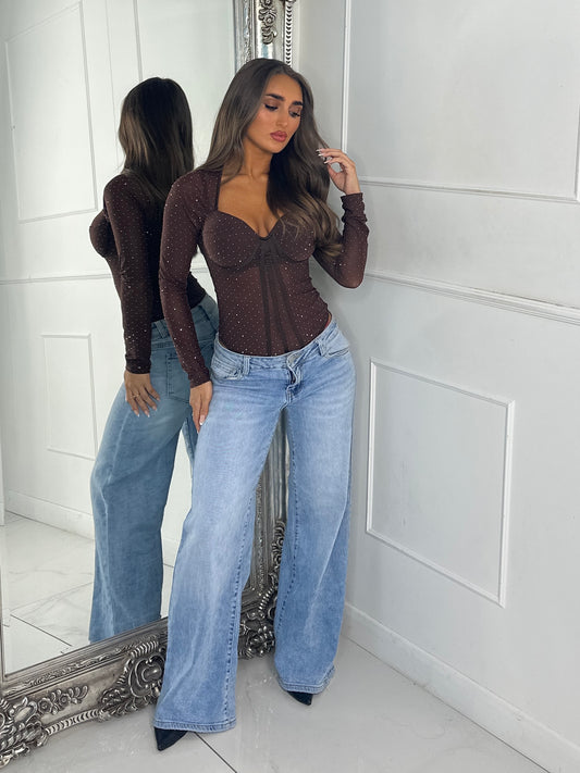 Long Sleeve Diamante Detail Cupped Bodysuit - Chocolate Brown