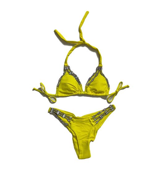 Diamanté Trim Ruched Bum Bikini - Yellow