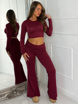 Long Sleeve Top & Fold Over Flared Co-ord - Wine