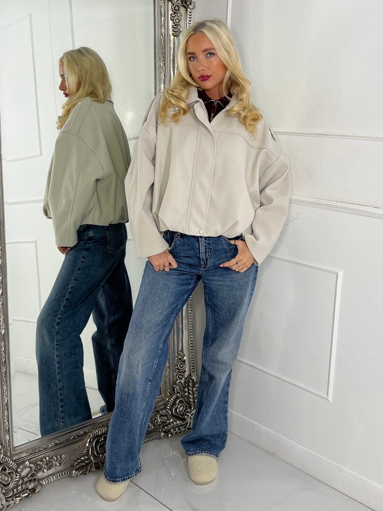 Collared Oversized Bomber Jacket - Cream