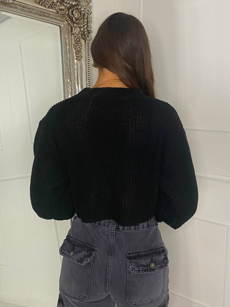 Plain Cropped Knitted Jumper - Black