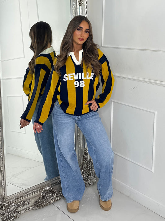 ‘Seville 98’ Striped Varsity Jumper - Yellow/Navy