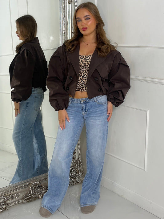 Crop Balloon Sleeve Trench Jacket - Chocolate